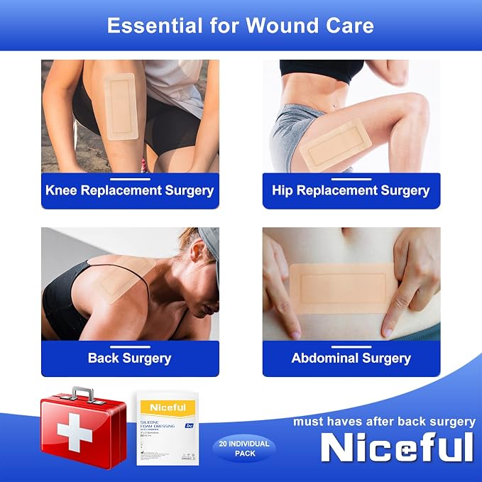 Silicone Foam Dressing 4"x8"(10 Count) | Large Bandages for Wound Care/Bed Sores/Post-Surgery