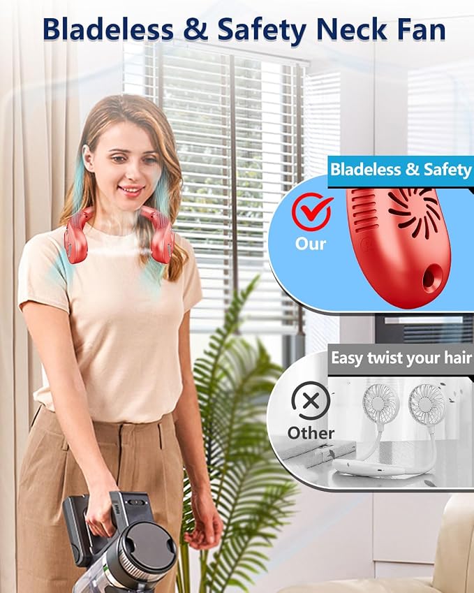 Portable Neck Fan with Water Mist, 4000mAh 4-9H Lasting, LED Display & 5 Fan-Speed, Dual Vents Rechargeable Neck AC, Hands-Free Bladeless Face Fans for Women Men Teens Birthday Gifts Beach Golf, Red