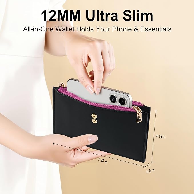 Travelambo Womens Leather Bifold Wallet, Slim RFID Blocking Card Holder | Large Capacity, 16 Card Slots & ID Window, 2 Zipper Pockets, Dual Snap Closure, Slim Lightweight, RFID Privacy Protection