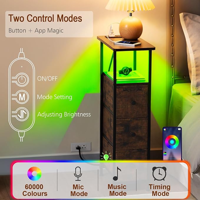 Narrow End Table with Charging Station, Small Nightstand | Skinny Side Tables Living Room with 3 Fabric Drawers, Slim Bedside Table with LED Lights for Bedroom, Small Spaces, Brown