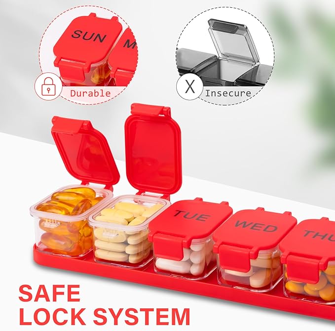 Extra Large Weekly Pill Organizer - Waterproof 7-Day Pill Box, Portable Vitamin & Supplement Case, Easy to Open Design, Ideal for Travel a nd Daily Medication Management (Red)