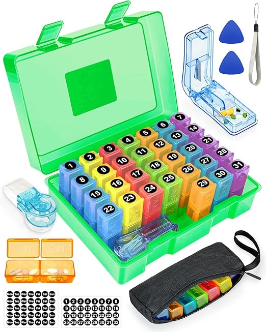 Monthly Pill Organizer 2 Times a Day – Yonlog Large Medicine Box with Weekly Travel Bag, Pill Cutter, Easy-Open Pick, Pill Taker Tool, and 2 Medication Stickers (Green, 2 Times a Day)