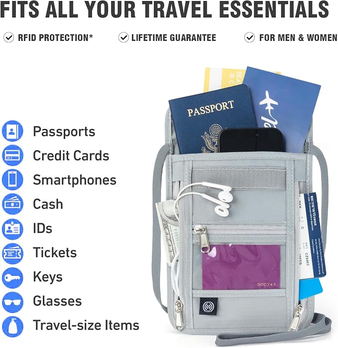 Voyager Neck Wallet RFID Blocking Passport Holder, Light 5-Compartment Hidden Travel Pouch with Adjustable Strap, Water Resistant Wallet for Cash, Cards & ID (Light Gray, Max (8.8"x 6.5")