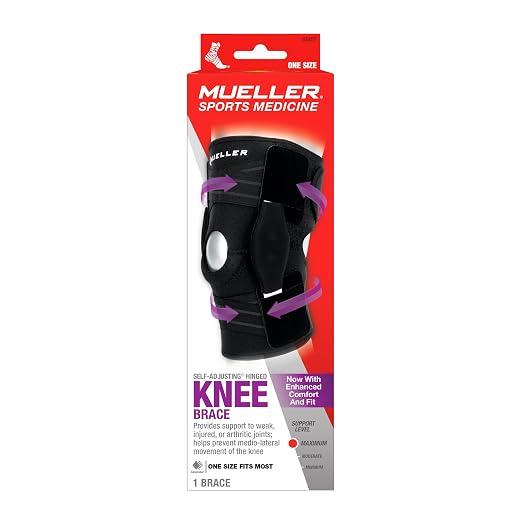 MUELLER Sports Medicine Self Adjusting Hinged Knee Brace for Men and Women,Knee Stabilizer for Compression and Pain Relief Support,Ideal-for Arthritis,Sprains,Black,One Size,(Pack of 2)