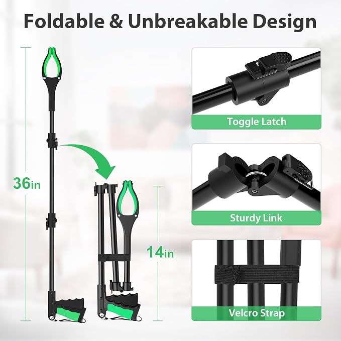 36" Foldable Grabber Reacher Pickup Tool for Seniors, Green | 360° Rotating Jaw, Two Magnets, Extra Long Trash Picker Upper, Lightweight for Elderly, Indoor & Outdoor