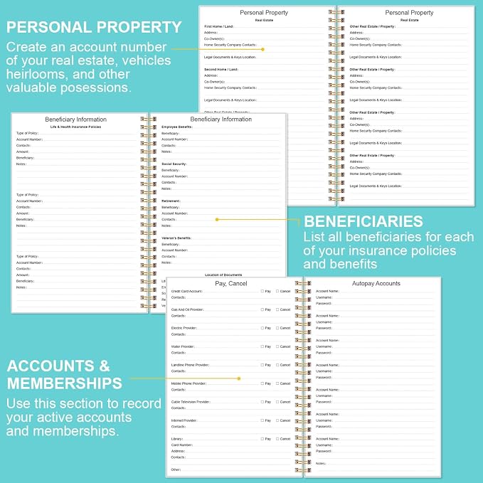 End of Life Planner – Final Arrangements Organizer for Beneficiary, Will Preparation, Last Wishes & Funeral Planning, 5.8" x 8.5", Teal Floral