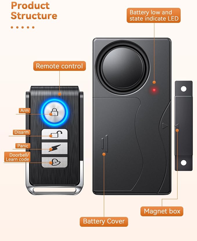 WSDCAM Door Alarm When Door Opens, Wireless 110dB Anti-Theft with Remote, Door Bells Chimes, Magnetic Security Alarms for Door, Window, Cabinet, Pool Safety for Kids, Alzheimer's Care (Black, 2 Pack)