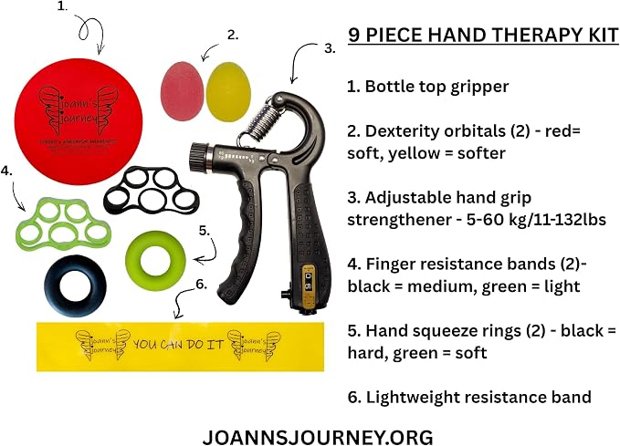 Hand Therapy Kit for Stroke and Aneurysm Recovery, OT/PT Rehab Tools for Dexterity, Fine Motor Skills and Hand Coordination, Home Therapy Set for Survivors and Caregivers, by JoAnn’s Journey