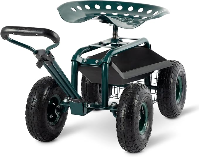 Garden Cart with Workseat Outdoor Gardening Carts with Seat, Heavy Duty Rolling Garden Stools Scooter with Handle and Storage for Seniors, Green