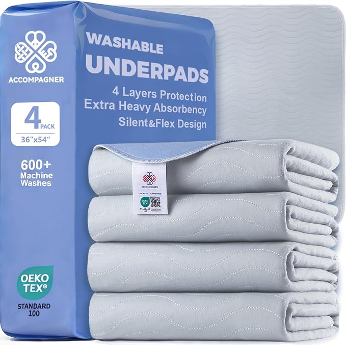 Accompagner Incontinence Bed Pads Washable Waterproof, Ultra-Absorbent Reusable Underpads for Diaper Changing, Nursing, Bedridden, Adults, Seniors, Kids and Dogs (Pearl Gray, 36"x54"(Pack of 4))