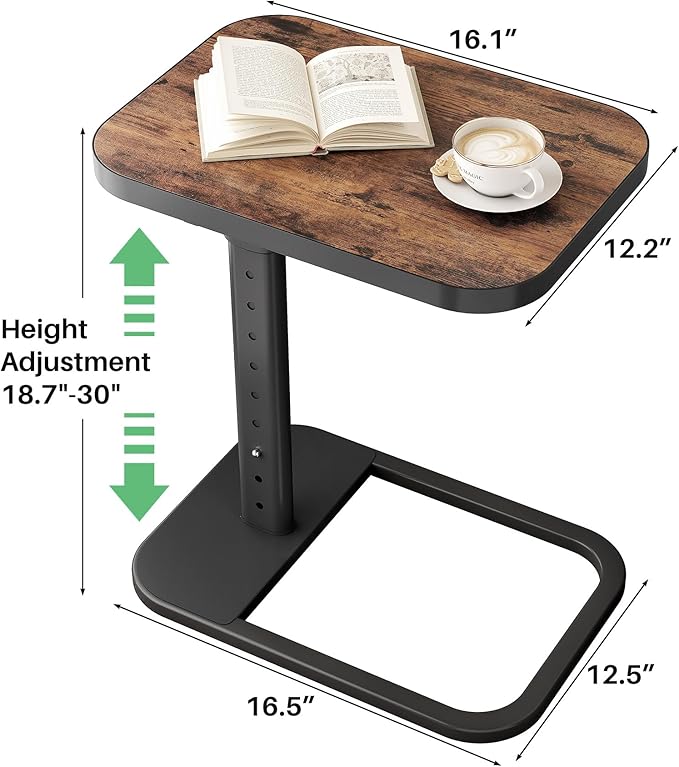 Kitstorack TV Tray Table, Adjustable Height & Flip-Top & Rounded Metal Corners, Snack Table for Couch, Sofa, Bed, Chair, Living Room, C Shaped End Side Table for Eating, Dinner or Laptop, Small Spaces