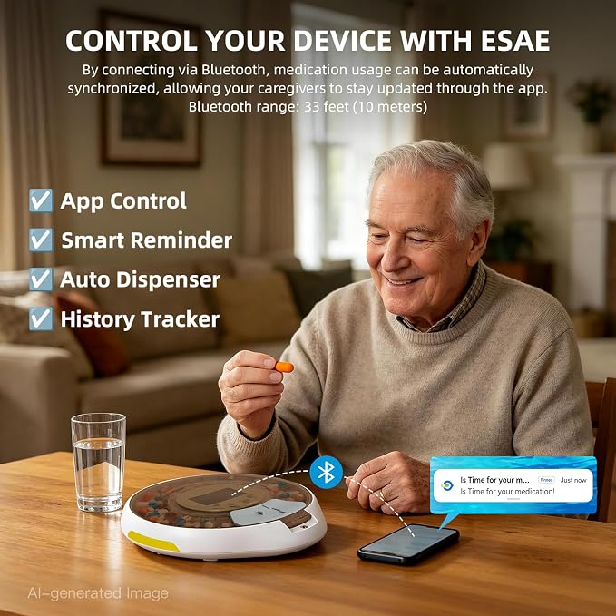 Locked Bluetooth Pill Dispenser for Caregivers App Track Adherence History | Top Lock & Ergonomic Flip Lid Friendly for Seniors, 28-Day Organizer with 9 Custom Alarms & Clear LCD, Sound-Light Reminders
