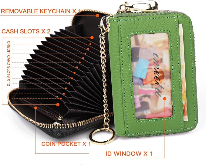 imeetu RFID Credit Card Holder, Small Card Wallet Women, Leather Card Case | Genuine Leather Women's Card & id Cases, Change Coin Purse with Zipper Keychain id Window, 20 Colors & 3 Styles, Daily, Gifts