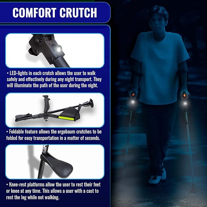 Ergobaum 7G by Ergoactives. 1 Pair (2 Units) of Ergonomic Forearm Crutches - Adult 5' - 6'6'' Adjustable, Foldable, Ergonomic, Shock Absorber, Non-Slip, Knee-Rest Platforms, LED Lights (Aqua Blue)