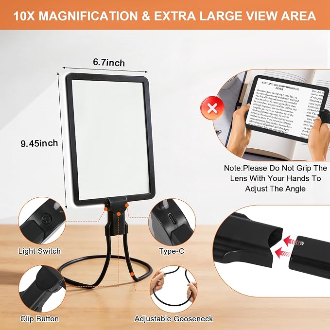 Magnifying Glass with Light for Reading,Hands Free Magnifier Neck Wearable | Lightweight Soft Tube, 50 Ultra-Bright LED Light Free 10X Magnifier for Reading,Sewing,Knitting,Cross Stitch & Crafts