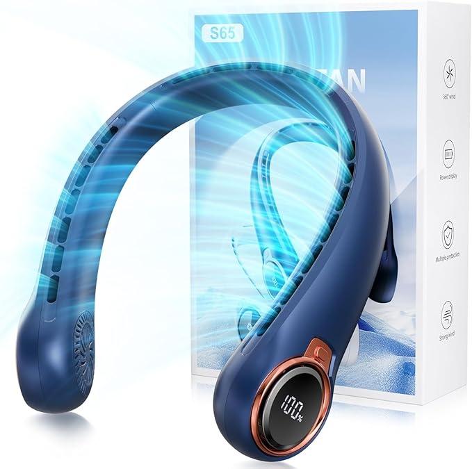Portable Neck Fan with 6000mAh USB - Rechargeable Battery, Ultra-Light Bladeless Neck Fan LED Display, 360° Cooling Wearable Fan, 3 Speeds,Fireplace Fans -Blue