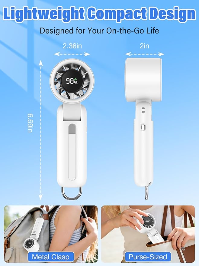 AI Handheld Fan Turbo, 100-Speed Portable Fan Rechargeable, Mini Fan with 12800 RPM Strong Airflow, Foldable 4-in-1 Personal Fan for Travel, Camping, Beach & Office, USB-C & Lightweight & Quiet