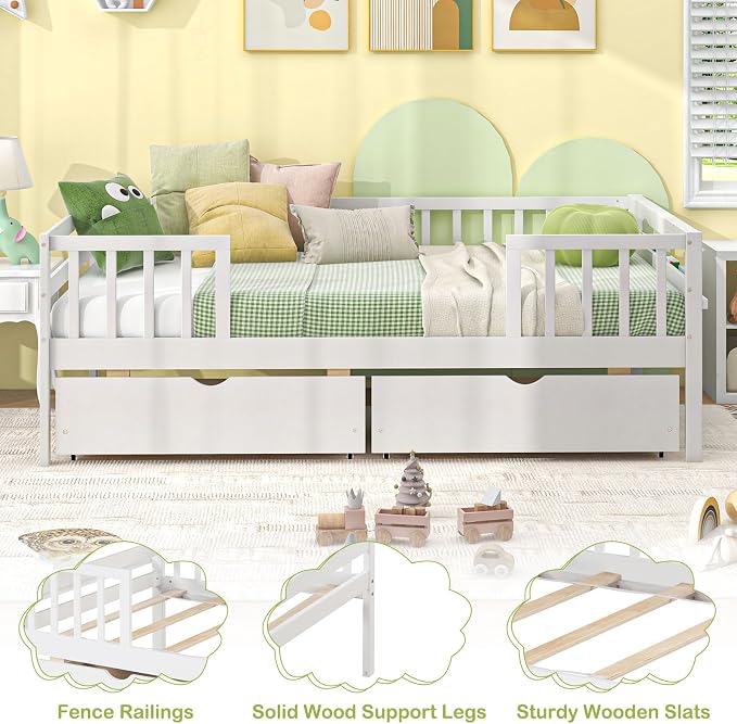 Giantex Twin Kids Bed with Storage Drawers, Wood Montessori Bed with Rails & Side Shelf, Low Daybed for Boys, Girls, No Box Spring Needed (White)