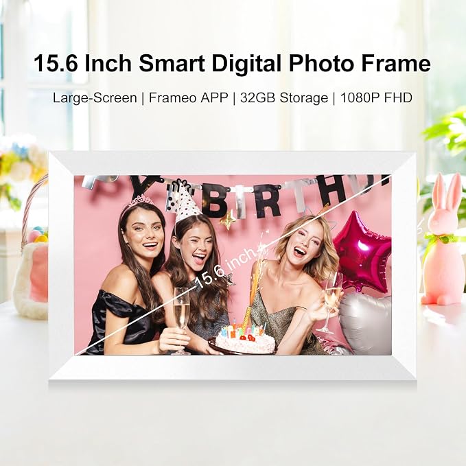 Digital Picture Frame 15.6 Inch Large Frameo Digital Photo Frame，32GB, 1920 * 1080 IPS HD Touch Screen, Electronic Picture Frame IPS Touch Screen with Auto-Rotate, Frameo Digital Frame WiFi(White)