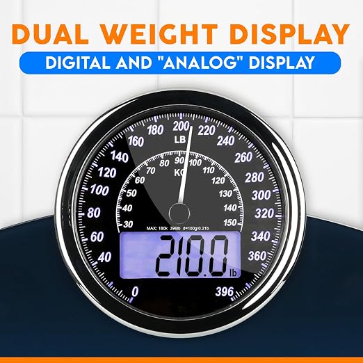 ZENO Hybrid 2-in-1 Analog & Digital Weighing Scale for Body Weight up to 400lbs - Thick Tempered Glass - Extra Large Display - Easy to Read Digital Bathroom Scale - New - Dark Blue