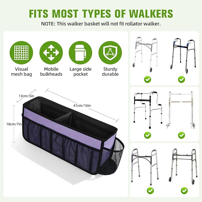 CTWWFS Upgrade Walker Basket with Cup Holder, Foldable Walker Storage Bag for seniors with Big Capacity & Never Tipping Over, Best Gift for Family (Purple)
