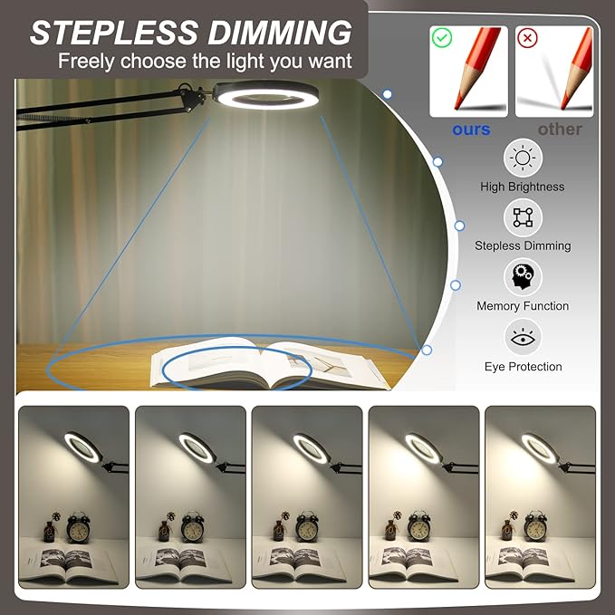 VEEMAGNI 10X 5 Inch Large Real Glass Magnifying Glass with Light and Stand, 5 Color Modes Stepless Dimmable, Long Swivel Arm LED Clamp Desk Lamp, Hands Free Lighted Magnifier for Reading Crafts Hobby