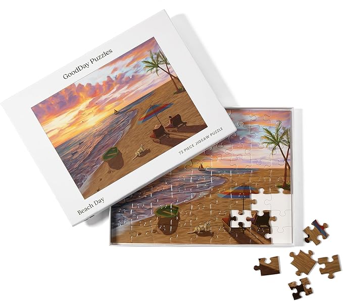 Large Piece Jigsaw Puzzle – Easy, Colorful Puzzle for Seniors, Dementia & Memory Activities, Elderly Gifts, 72 Pieces, Beach Day