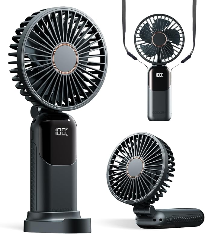 GOCKERA Portable Fan, 4200mAh Battery Operated Fan, 5 Speeds&Digital Display, Makeup Fans for Women with Base, 180°Foldable 3in1 Handheld/Neck/Desk Fan for Outdoor Indoor,Ultra Quiet (Black)