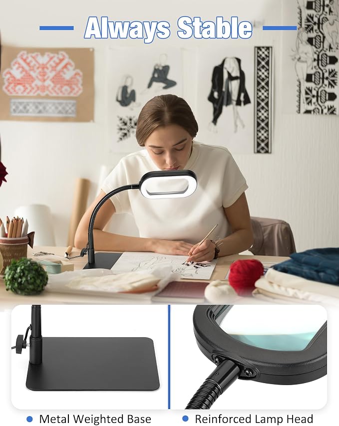 IVMAIE 12X Magnifying Glass with Light and Stand LED Magnifier with Light Hands Free Lighted Magnifying Desk Lamp Dimmable for Close Work Craft Read Cross Stitch Sewing Repair Hobby Rectangular