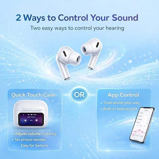 Touchscreen Rechargeable Hearing Aids for Seniors, Bluetooth Hearing Aids with APP Control, 38dB Sound Gain, 7-Level Volume Adjustment, In-Ear Design