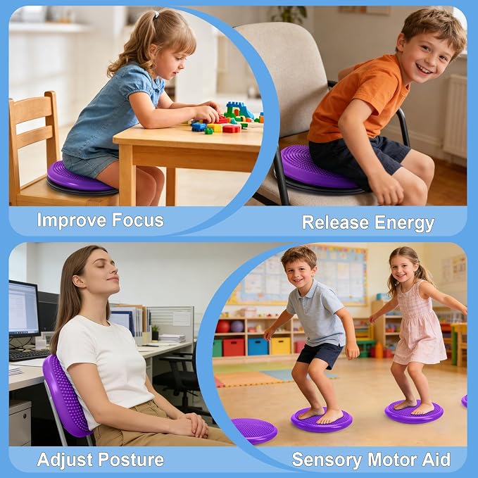 Wobble Cushion, Fimeetoy 360°Spinning Wiggle Seat, ADHD Sensory Chair,Flexible Seating in Classroom & Home,ADHD Tools for Kids,2-in-1 Detachable Balance Pad,Fidget for Focus-Purple