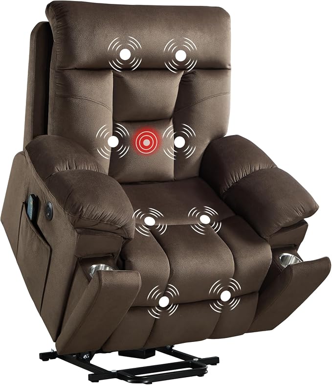 Large Power Lift Recliner Chair with Massage and Heat for Elderly Big and Tall People, Overstuffed Wide Recliners with 2 Cup Holders, Side Pocket and USB Port, Dark Brown