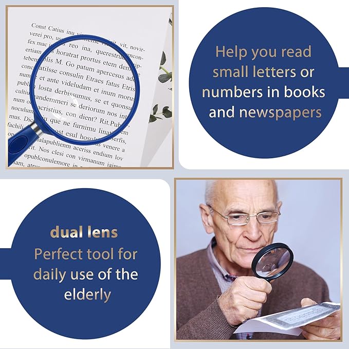 Feosky Handheld Reading Magnifier, 3X Magnifier, 75mm Shatterproof Lens, Non-Slip Handle for Adults Close Work, Seniors Reading and Nature Exploration, Hobby Observation (Blue)