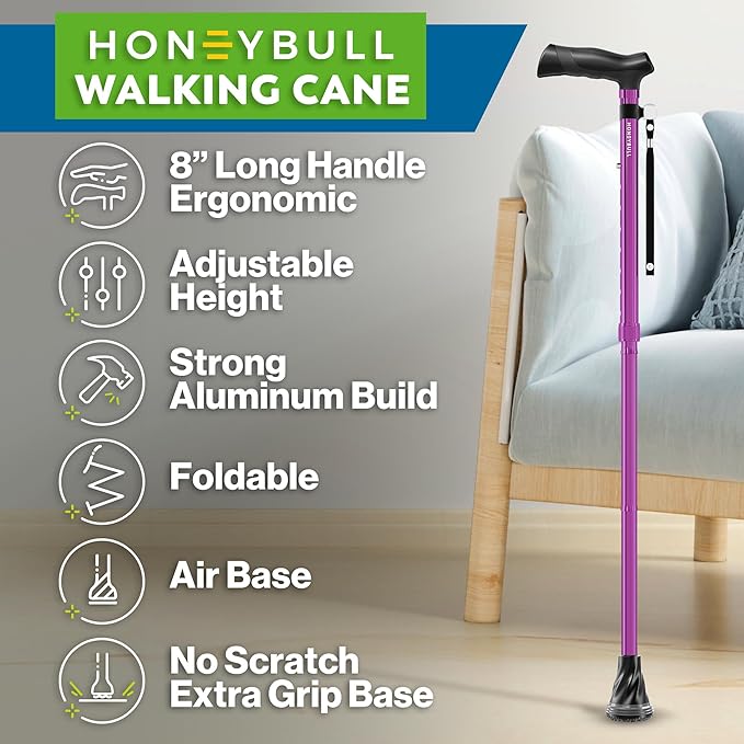 HONEYBULL Walking Cane for Men & Women – Foldable, Adjustable, Lightweight Cane with Air Cushion Tip for Stability & Ergonomic Grip, Heavy Duty Walking Sticks for Seniors
