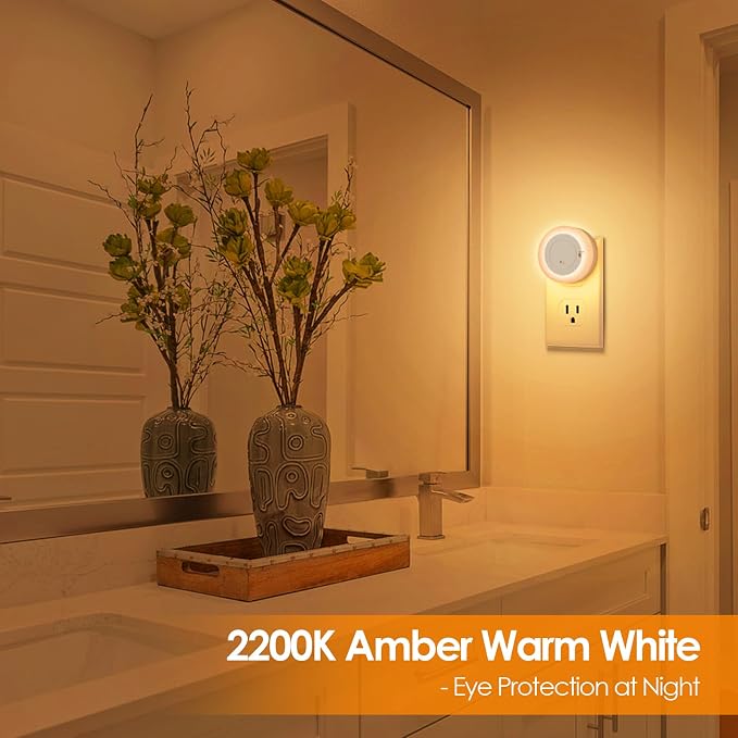 FOLKSMATE LED Night Lights Plug into Wall, Dimmable Plug in Nightlight with Auto Light Sensors for Adults, Kids Room, Bedroom, Bathroom, Hallway, Kitchen, Stairs, Amber White, 2-Pack