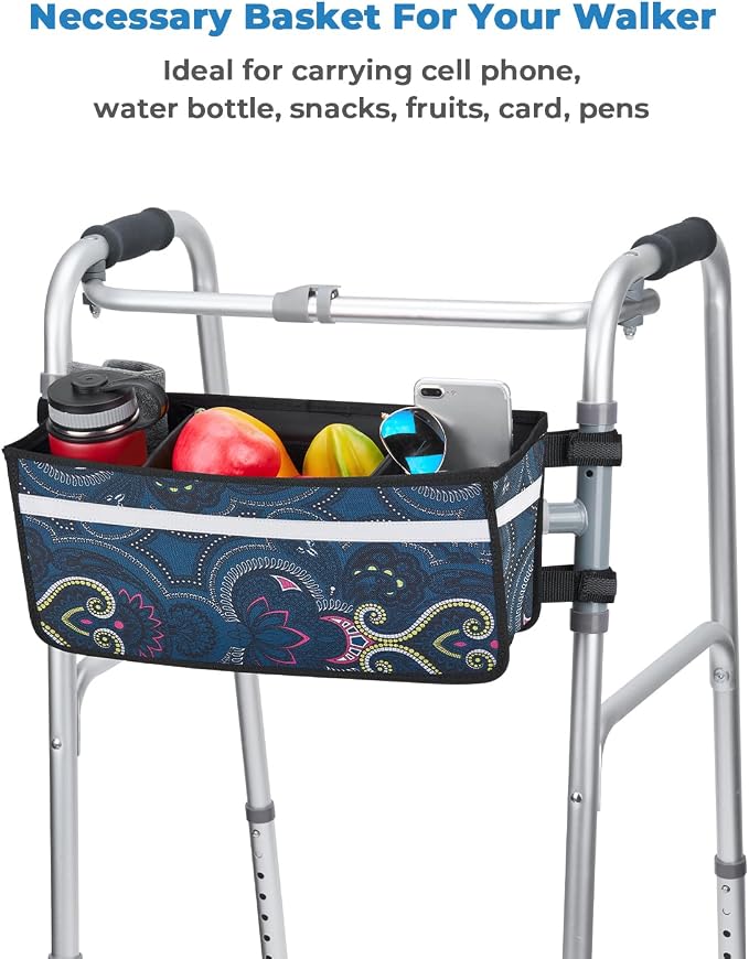 JOYTUTUS Walker Basket for Seniors, Basket for Walkers with Cup Holder, with Two Split Board, Foldable Walker Storage Bag, for Family and Friends, Navy (Not Fit Rollator Walkers)