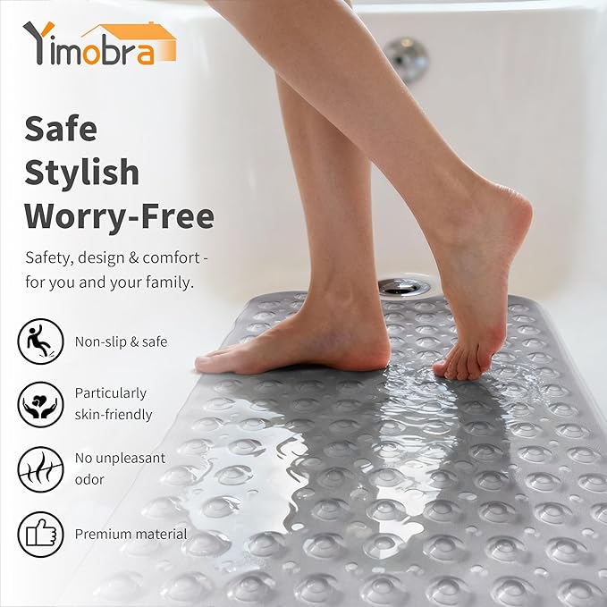 Yimobra Non Slip Bathtub Mat 40"x16", Super Strong Suction Cups, Extra Long Shower Mat with Drain Holes, Machine Washable Fast Draining Bathroom Floor Mat, Clear Grey