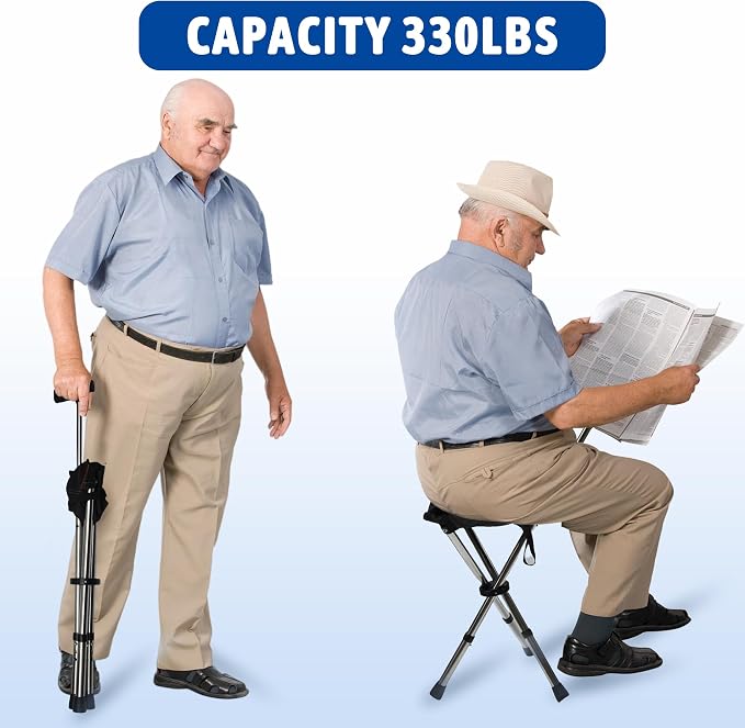 FATTCHIAR Cane with Seat, Walking Stick with Seats, Cane Chair Capacity 330lbs, Adjustable Height Folding Lightweight Portable Stool for Adults Seniors Hiking Camping