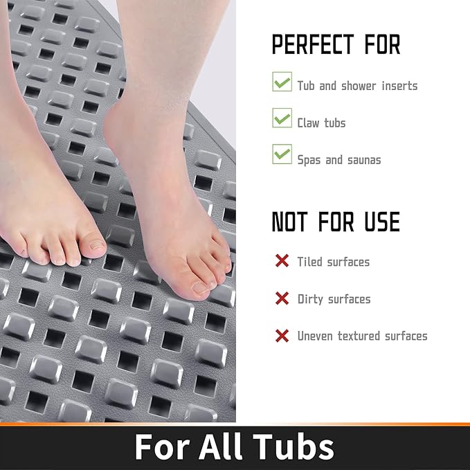 Yimobra Bathtub Mat Non Slip, Super Strong Suction Cups, 27.5"x15.5" Long Shower Mat with Drain Holes, Machine Washable Fast Draining Bath Mats, Bathroom Essentials,Gray