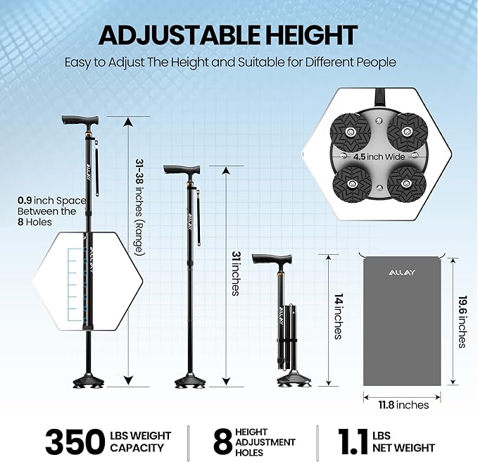 Allay Walking Canes for Men & Women - Adjustable Canes for Women for Stability, Self Standing Wide Quad Pivot Base, Light Weight, Soft Handle Grip and Travel Bag, Walking Sticks for Seniors