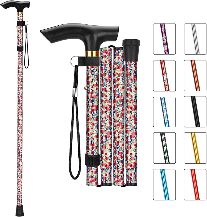 MFE Folding Cane, Portable 5-Level Adjustable Height Walking Stick with Foldable Design, Wrist Strap, and T Handle for Men and Women