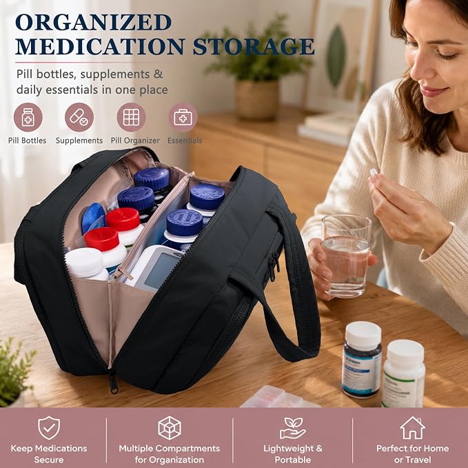BAGSFY Travel Medicine Bag with 2 Separate Compartments, Wide-Opening Medication Organizer, Puffy Medical Storage Bag for Prescription Bottles, Pill Cases, Medical Supplies,Travel & Family Emergency