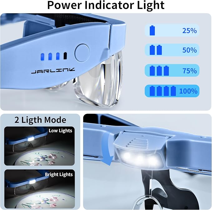 JARLINK Magnifying Glass with Light, 5 Lenses, Rechargeable Headset | Features 5 Lenses (0.75-4.0X) and 3 LED Lights. Rechargeable Headset Magnifier for Close Work, Crafts, and Model Makers