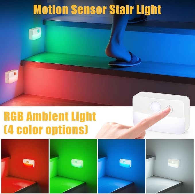 Guankai 3 Pack Motion Sensor Stair Lights for Indoor, Wireless RGB Battery Operated Night Light, Led Stick On Hallway Closet Under Cabinet Step Portable Lamp for Bedroom Kitchen Bathroom
