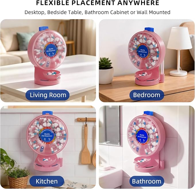 Pink Pill Organizer with No-Flip Design for Women to Take Daily Vitamins | One-Touch Button Pill Container with Med Cup & Tweezers for Medicine Hygienic, Free-Standing or Wall-Mounted for Medicine