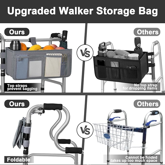 FREEAMG Walker Basket for Folding Walker, Large Capacity Foldable Walker Bag, Walker Storage Bag With Cup Holder, Detachable Walker Accessories Basket for Seniors (Grey)
