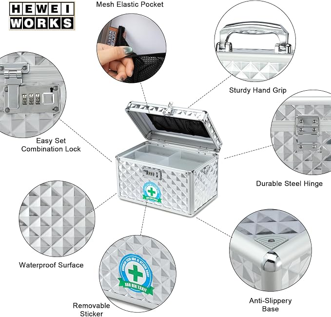 Storage Lock Box with Combination Lock, Lockable Medicine Storage Box, Empty First Aid Box, Security Lock Box, Multipurpose Locking Box for Home and Outdoor Use (Silver, Medium)