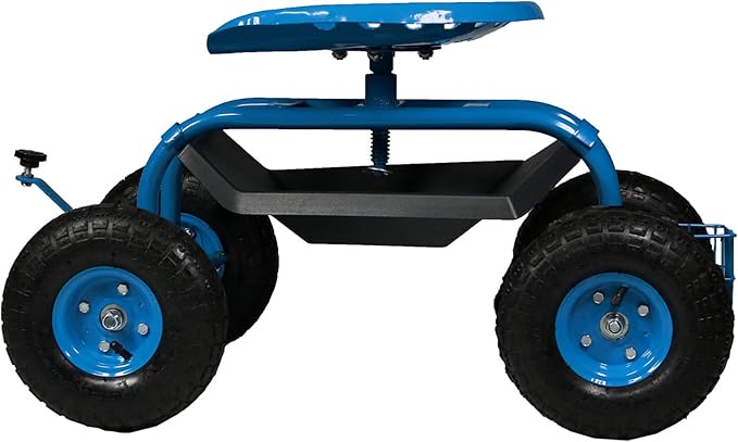 Sunnydaze Rolling Garden Cart with Seat, Blue | Garden Stool with Wheels, Adjustable 360-Degree Swivel Seat, Utility Tool Tray and Storage Basket