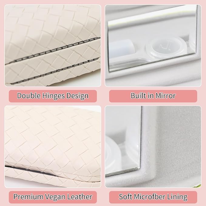 2 in 1 Contact Lens Case and Eyeglasses Case for Women Men Kids, Double Sided Hard Shell Portable Glasses Travel Holder with Built-in Mirror, Contact Lens Box Storage Kit, White