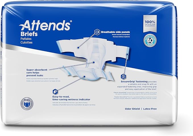 Attends Adult Incontinence Disposable Briefs, X-Large, 58"-63" Waist with SecureGrip Tab Closure, Extra Heavy Absorbency with Super Absorbent Core and Breathable Side Panels, 20ct Bag